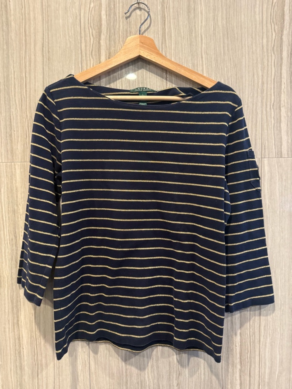 Ralph Lauren Navy with Gold Stripe Boatneck Long Sleeve Top